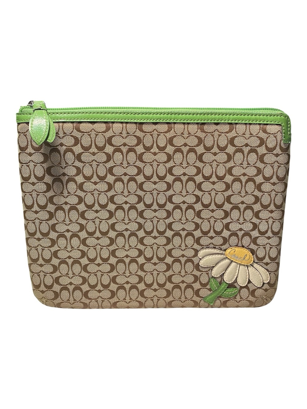 Coach IPad Tablet Case Pouch Clutch Brown Signature Jacquard Green Patent Trim